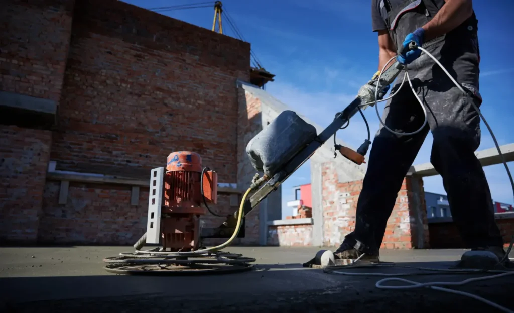 A worker operating a power trowel on a freshly poured concrete slab